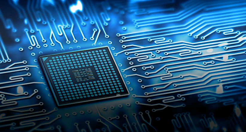 Microchip closeup representing technology and innovation industries